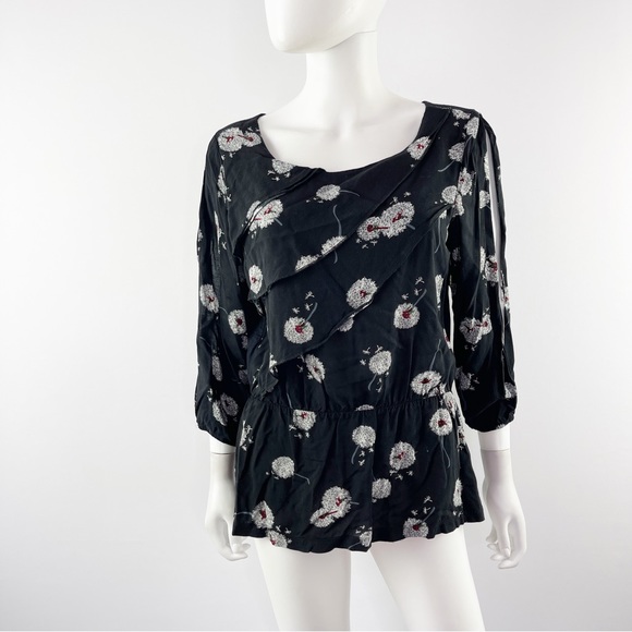 Deletta Anthropologie Black WISHED BLOOM Dandelion Floral Blouse Size M - Picture 3 of 9